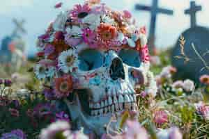 Gratis foto mexicaanse schedel met prachtige bloemen