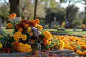 Gratis foto mexicaanse schedel van levendige kleuren met bloemen