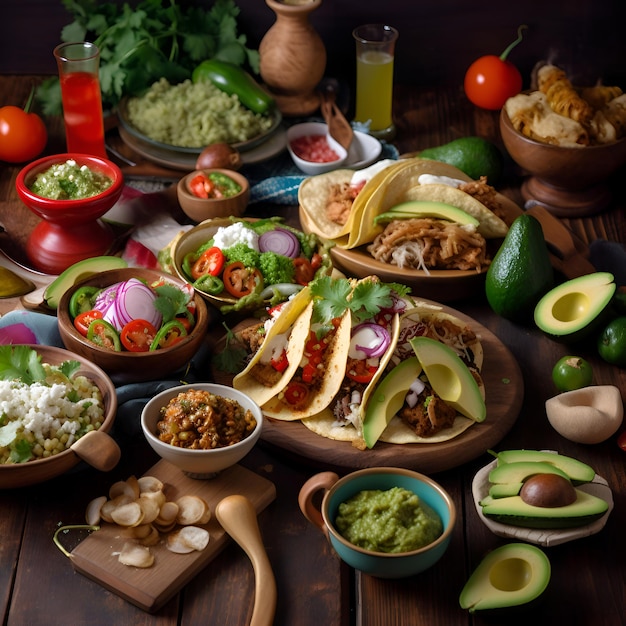Gratis foto mexicaanse voedselingrediënten tacos guacamole avocado ui tomaat knoflook chili peper