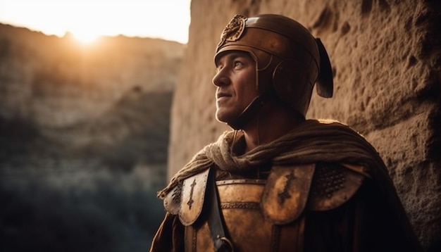 Middeleeuwse ridder in harnas staat bij zonsondergang gegenereerd door AI