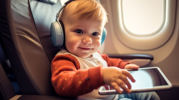 Middelgroot geschoten kind met tablet in het vliegtuig