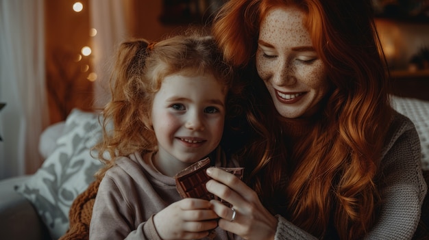 Middelgrote familie die heerlijke chocolade eet.