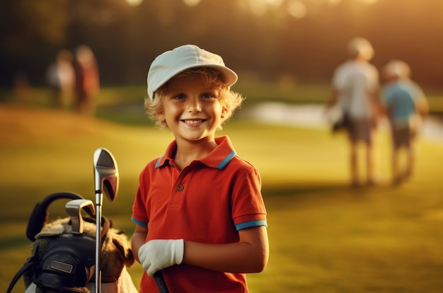 Middelgrote jongen die golf speelt in de natuur.