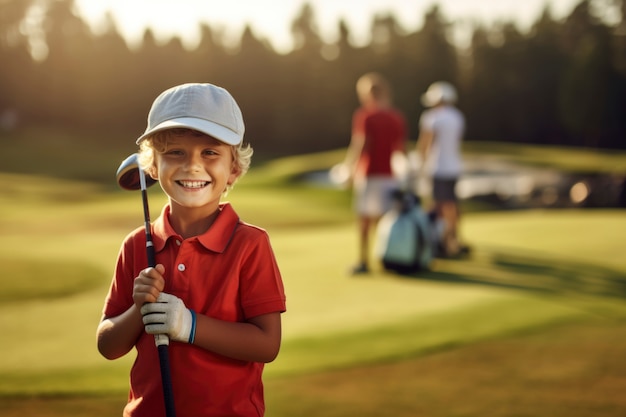 Middelgrote jongen die golf speelt in de natuur.