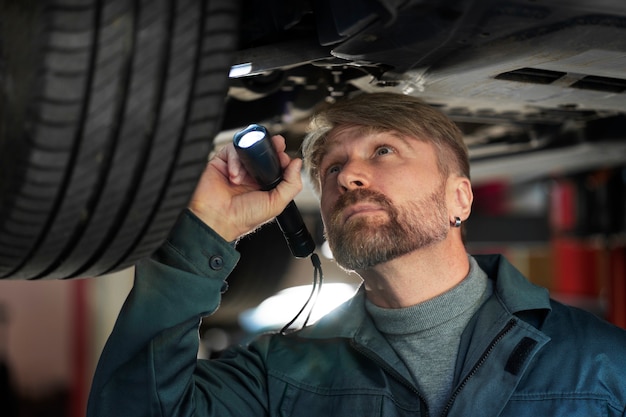 Gratis foto middelgrote man die auto controleert