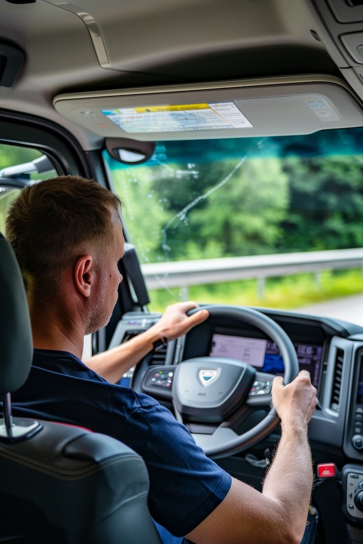 Gratis Foto middelgrote man die een vrachtwagen rijdt.