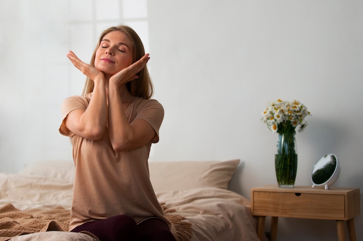 Gratis Foto middelgrote vrouw die gezichtsyoga beoefent.