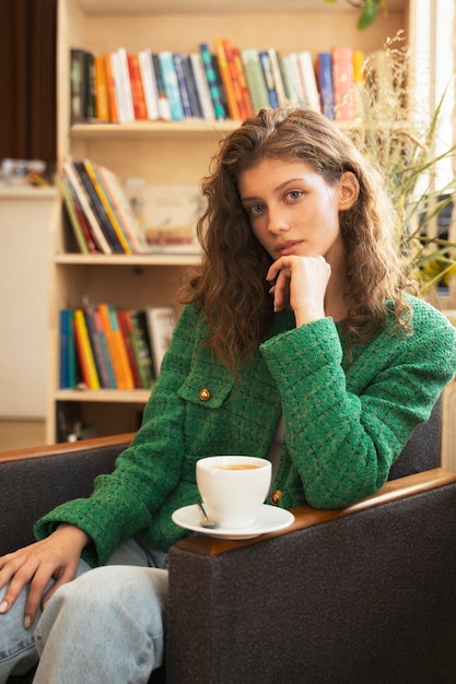 Gratis foto middellange geschoten vrouw die zich voordeed op stoel