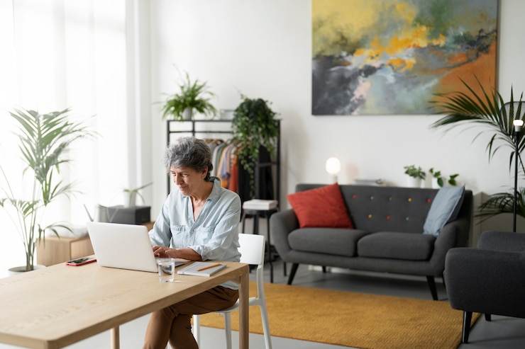 Gratis Foto middellange geschotene oude vrouw die aan laptop werkt