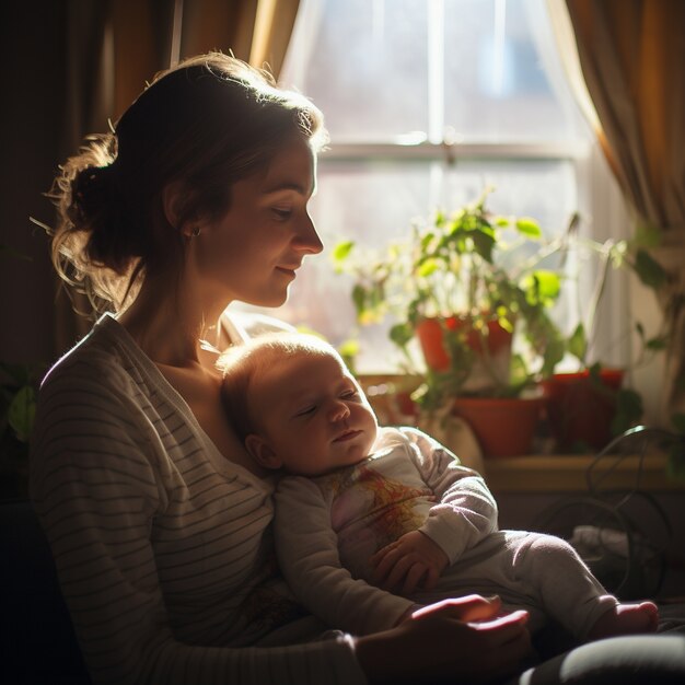 Middellange shot gelukkige moeder die baby vasthoudt