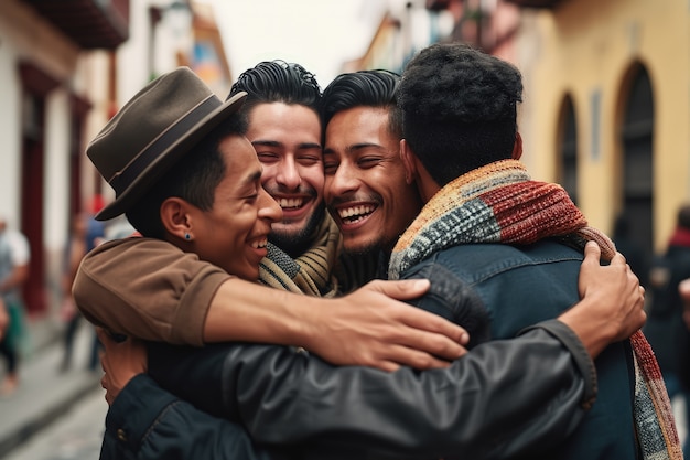 Gratis foto middellange shot jonge mannen die elkaar knuffelen