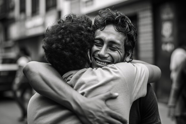 Middellange shot jonge mannen die elkaar knuffelen