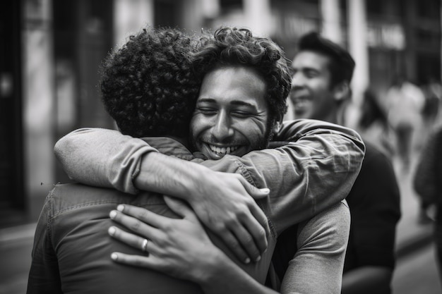 Middellange shot jonge mannen die elkaar knuffelen