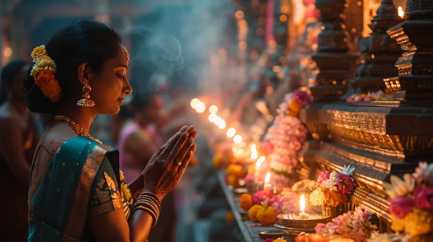 Gratis foto middellange shot jonge vrouw die tamil nieuwjaar viert