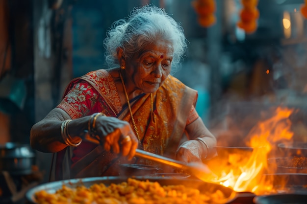 Gratis foto middellange shot oude vrouw die tamil nieuwjaar viert