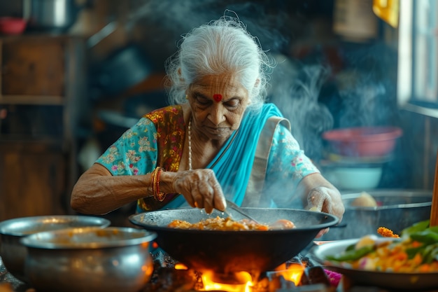 Gratis foto middellange shot oude vrouw die tamil nieuwjaar viert