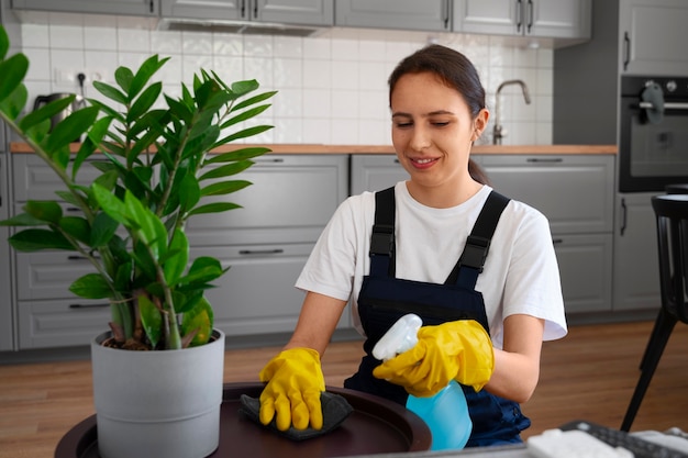 Gratis foto middellange shot vrouw die huis schoonmaakt