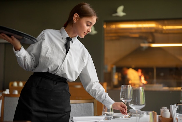 Middellange shot vrouw die werkt in een luxe restaurant