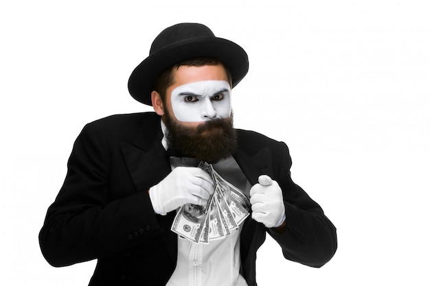 mime als zakenman geld steken in zijn zak