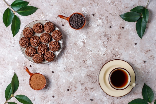 Mini cake truffels met chocolade druppels en cacaopoeder, bovenaanzicht