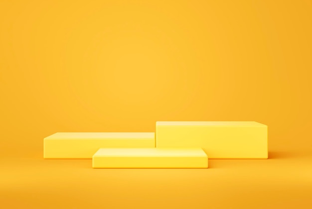 Minimale gele moderne podiumstudio-voetstuk leeg productdisplay om productplatform te tonen op gele achtergrond 3D-rendering