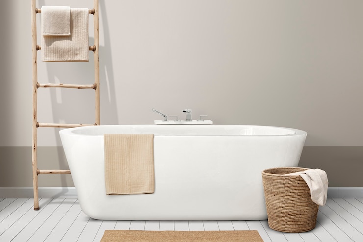 Gratis Foto minimalistisch badkamerinterieur met houten meubilair