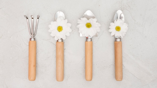 Minimalistische tuingereedschap en madeliefjebloemen