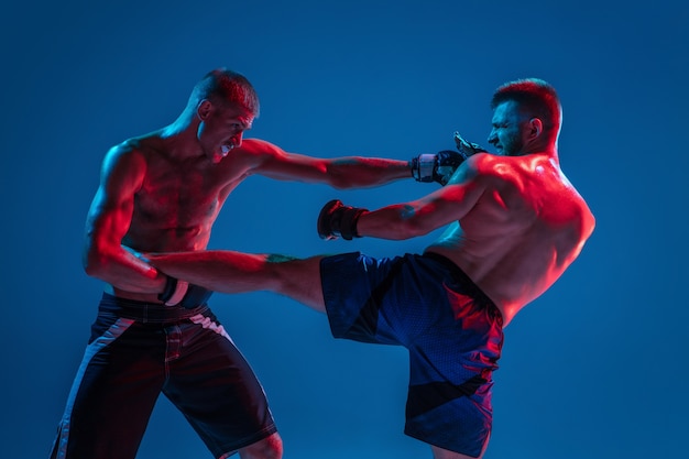 Gratis foto mma. twee professionele vechters ponsen of boksen geïsoleerd op blauwe muur in neon