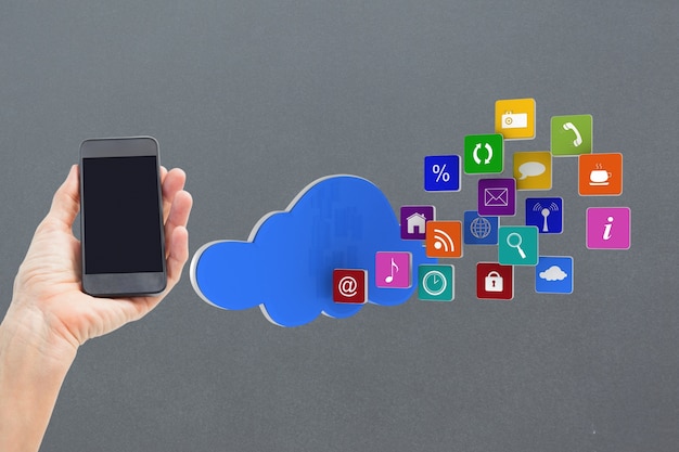 Gratis foto mobiele telefoon met een wolk van applicatie-iconen