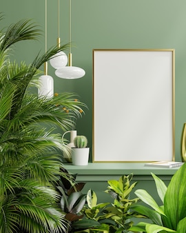 Mockup fotolijst op de groene plank met prachtige planten, 3d-rendering