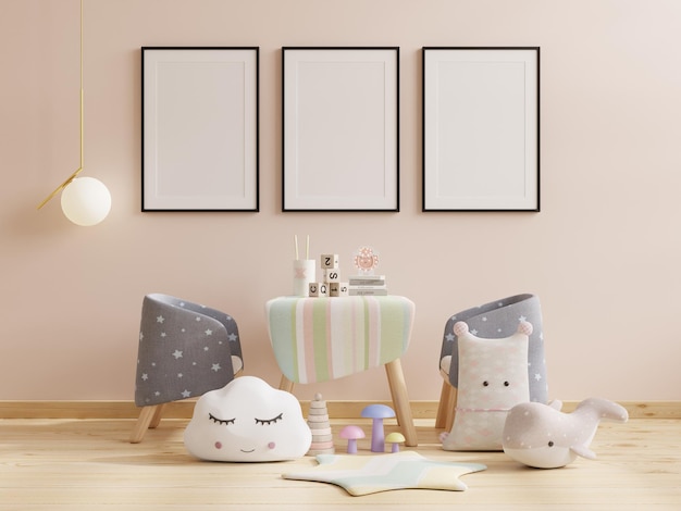 Mockup frame foto in de kinderkamer, slaapkamer interieur op muur witte kleur background.3d rendering Gratis Foto