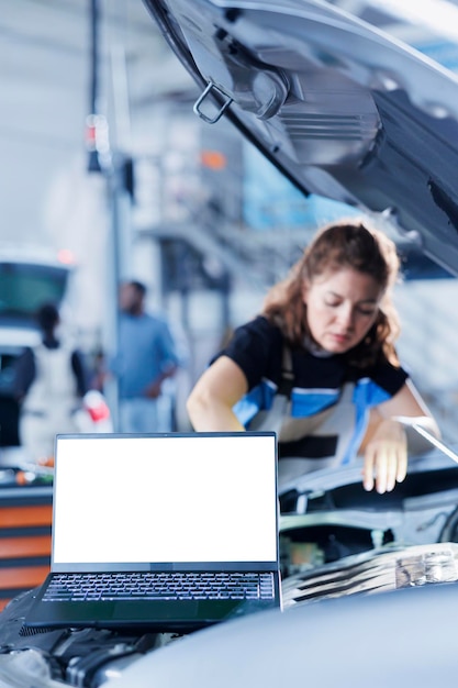 Gratis foto mockup-laptop met onscherpe achtergrond van militair die oude auto-versnellingsolie verandert door nieuwe in reparatiewerkplaats. geïsoleerd schermapparaat en hardwerkende vrouw in garage die apparatuur gebruikt om voertuigcontrole uit te voeren