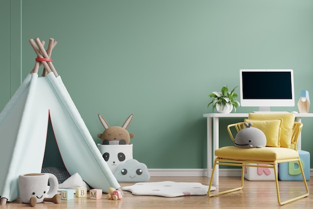 Mockup-muur in het kinderkamerinterieur op muur groene kleur achtergrond