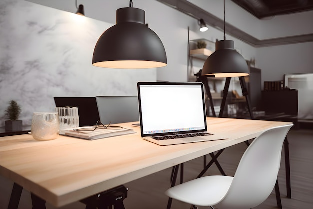 Mockup van een laptop op een houten tafel in een modern kantoor