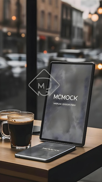 Mockup van een tablet pc en een koffiekop op een houten tafel in een café