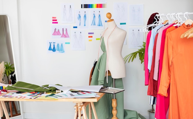 Gratis foto mode-ontwerpstudio voor het naaien en snijden van kleding, merkkleding voor het vervaardigen van ambachtelijk product