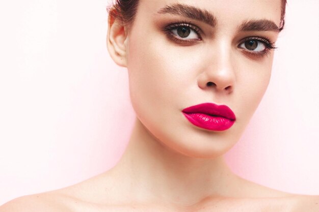Mode schoonheid portret van jonge brunette vrouw met stijlvolle avond make-up en perfecte schone huid Sexy model met haar in een broodje poseren in studio met roze heldere natuurlijke lippen