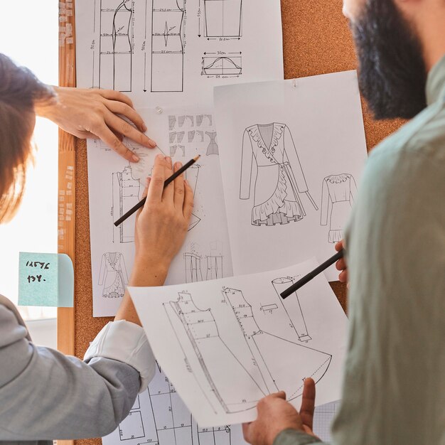 Modeontwerpers raadplegen plannen voor een nieuwe kledinglijn op het ideebord