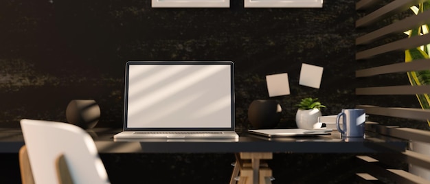 Modern donker kantoorinterieur met laptopcomputermodel op werktafel 3d render
