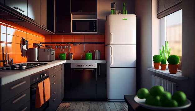 Gratis foto modern keukenontwerp met generatieve ai van roestvrijstalen apparaten