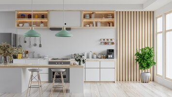 Modern wit keukeninterieur met meubelskeukeninterieur met witte muur