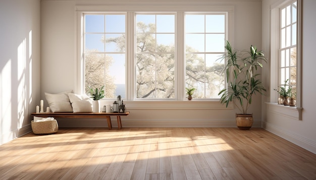 Moderne appartement met helder zonlicht comfortabele bank en elegant decor gegenereerd door kunstmatige intelligentie
