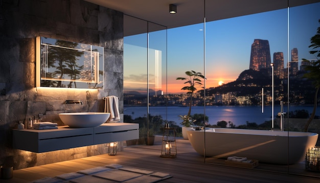 Moderne architectuur in huishoudelijke kamers venster luxe ontwerp nacht geen mensen vloer schemering gegenereerd door kunstmatige intelligentie