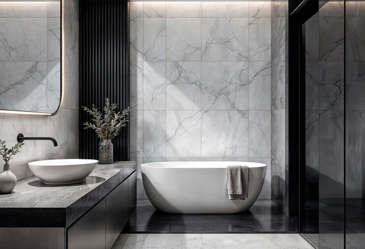 Gratis Foto moderne badkamer met marmeren tegels en een wit bad.