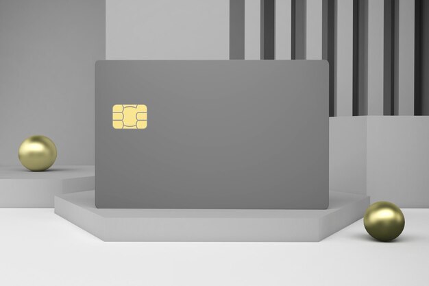 Moderne grijze creditcard op het podium met gouden accenten