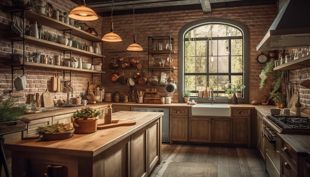 Moderne huishoudelijke keuken met luxe apparatuur en een elegante inrichting in een loft-appartement gegenereerd door AI