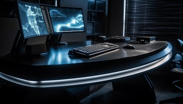 Moderne kantoorapparatuur op een blauw bureau gegenereerd door AI