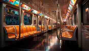 Gratis foto moderne metro die door de ondergrond rijdt en blauwe glasreflectie verlicht, gegenereerd door kunstmatige intelligentie