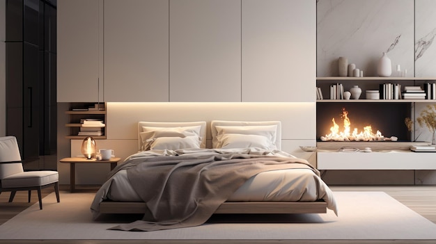 Moderne slaapkamer met lichten en open haard op een warme witte muur