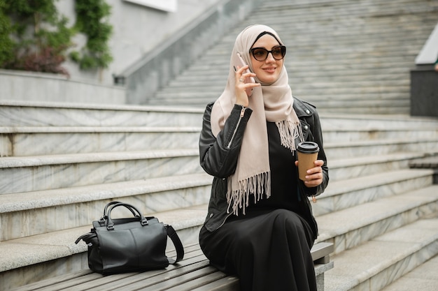 Moderne stijlvolle moslimvrouw in hijab, leren jas en zwarte abaya zittend in stadsstraat praten op mobiele telefoon in zonnebril